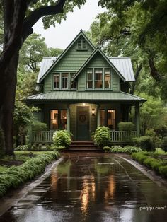 a green house with lots of trees and bushes on the front lawn, along with water running through the driveway