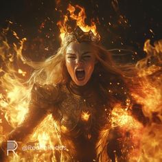 a woman in fire with her mouth open