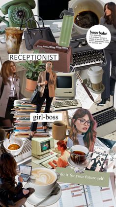 a collage of photos with women and coffee