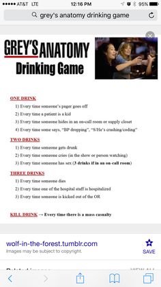 the grey's anatomy drinking game is shown on an iphone screen, with text below it