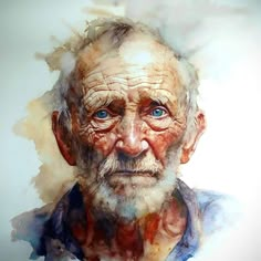 an old man with blue eyes is shown in this watercolor painting by the artist