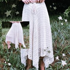 a woman standing in the grass wearing a white crochet skirt with stars on it