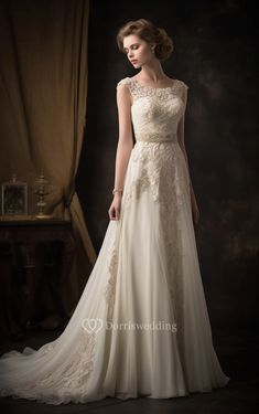 a woman in a white wedding dress standing against a dark background with her hands on her hips