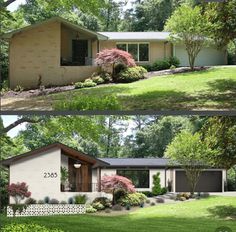 before and after photos of a house in the suburbs, with landscaping on both sides