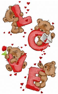 three teddy bears are holding the letters e, b, c, and d with hearts