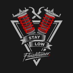 the logo for stay low fastliners, which features two red coils and an arrow