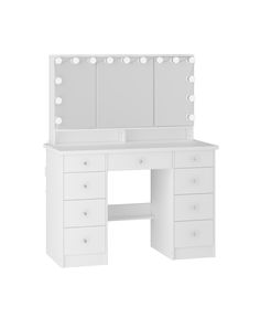 a white vanity with lights on it and drawers in front of the mirror is shown