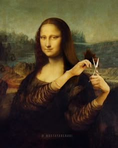 a painting of a woman holding a pair of scissors in her right hand and looking at the camera