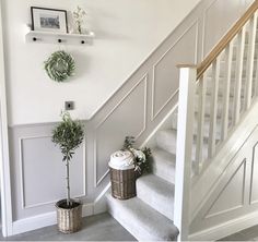 some plants are sitting on the stairs next to each other and two baskets with flowers in them