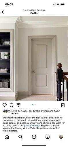 an instagramted photo of a white door in a room with shelves and bookshelves