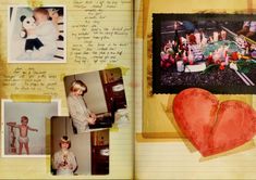 an open book with pictures and photos on the pages, including a heart - shaped piece of paper