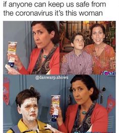 two women with face paint and one man holding up a can of coronanius