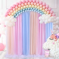 a unicorn themed birthday party with balloons and decorations