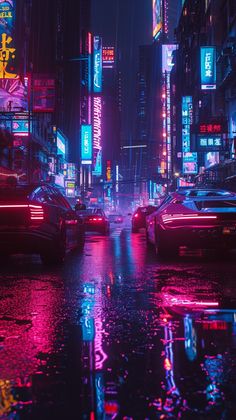 a city street at night with neon lights and cars parked on the side of the road