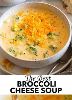 broccoli cheese soup in a white bowl on a plate