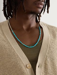 Artisans have threaded John Hardy's 'Heishi' necklace with hand-selected turquoise beads, so no two styles are quite the same. It's cast from silver and secures with a convenient lobster clasp fastening. It has a generous drop, so it works over tanks or knitwear. Chain Necklace For Men, John Hardy Jewelry, Beaded Chain Necklace, Heishi Necklace, Double Wrap Bracelet, Turquoise Bead Bracelet, Turquoise Bead Necklaces, John Hardy, Latest Jewellery