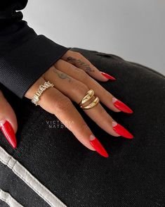 Red Design Nails Short, Red Nail Simple Design, Red Nails With French Tip, Red Nail Trend, Bright Red Nails With Design, Classic Red Nails, Almond Nails Designs Summer, I Love Myself, Red Acrylic Nails