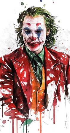 a watercolor painting of the joker in red suit with green tie and yellow shirt