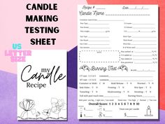 a recipe book with the title candle making testing sheet next to it on a pink and purple background