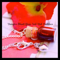 ❤️Welcome to Tranquilityy a magical embrace into your world I have for you an inviting vial of vampire blood on a silver plated chain you will love to wear around your neck.  Your necklace is made form a mini .5ml glass vial bottle with realistic theatrical blood, I love this I even have one for my self.Your necklace will come in a drawstring bag, take care and God bless.  ❤️I miss the shine Of your ruby red eyes The leathery feel of your face Your breath on my neck And the points of your teeth As you come unto me for a taste. Dimensions for this 0.5ml glass bottle o.5 ml bottle dimensions are 0.7"(length) x0.45" diameter / 18mm tall and 11mm wide. 90s Jewellery, Bead Confetti, Blood Necklace, Necklace Vampire, Kandi Necklace, Vampire Jewelry, Vampire Blood, 90s Jewelry, Jewellery Crystal