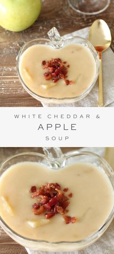 two bowls filled with white cheddar and apple soup on top of a wooden table