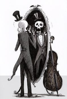 a skeleton in a suit and top hat is looking at himself in the mirror with a violin