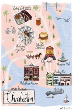 an illustrated map of charleston, south carolina with all the attractions and things to see