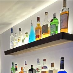 bottles of alcohol are lined up on a shelf