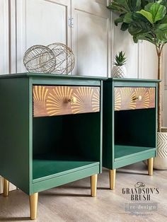 two green nightstands side by side with plants on top and one in the middle