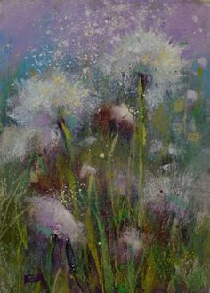 an oil painting of flowers and grass in the sun on a purple background with white speckles