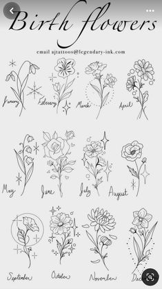 the birth flowers tattoo is shown in black and white, as well as other tattoos