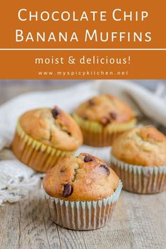 chocolate chip banana muffins with text overlay