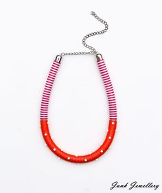 ** S T R I P E D ** ICE-CREAM POLKA DOT COLLECTION ** SS2019 A beautiful handmade necklace. The colour is a combination of pink and white stripes, bright orange with white plastic beads. It's around 40 cm in length. It's light and flexible and the length is easily adjusted with a chain. It's perfect for spring and summer and it's suitable for every style and occasion.  If you like the design, but not the colours, that could be changed providing the desired colour is in stock. It comes nicely pac Necklace Rope, Junk Jewelry, Rope Jewelry, Bib Necklaces, Pink And White Stripes, Summer Necklace, Pillow Box, Rope Necklace, Cute Necklace