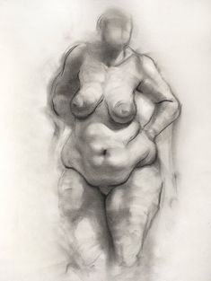 a black and white drawing of a nude woman with her hands on her hipss