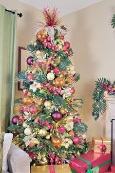 a decorated christmas tree in a living room