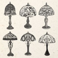 four different lamps are shown in black and white, each with an ornate glass shade