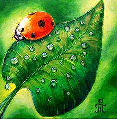 a painting of a ladybug sitting on top of a green leaf with water droplets