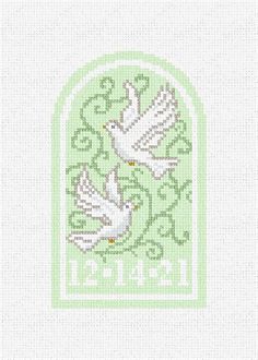 a cross stitch pattern with two white doves flying in the air, and an arched window