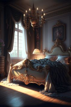 a bedroom scene with focus on the bed and chandelier