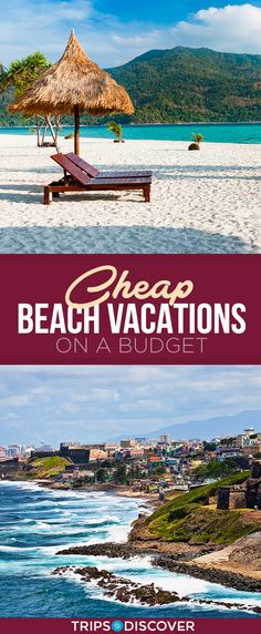 the beach vacation guide is shown in red and white, with text overlaying it