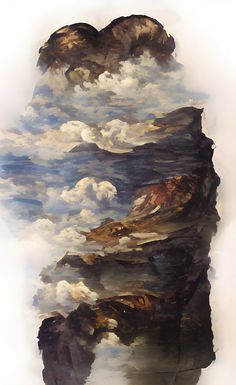 an abstract painting with clouds and mountains in the background