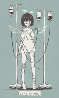 a drawing of a girl standing in front of two electric wires with the caption dead inside