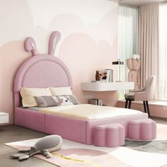 a bedroom with pink walls and furniture in the room, including a bed that has an animal head on it