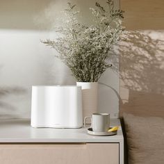 a vase with some flowers and a cup on a table