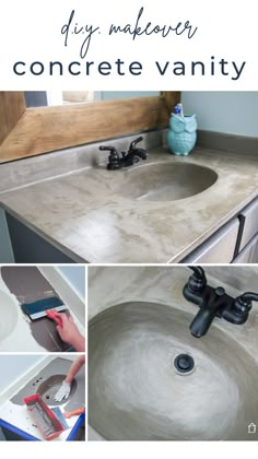 the process for painting concrete vanity is shown in four different pictures, including a sink and faucet