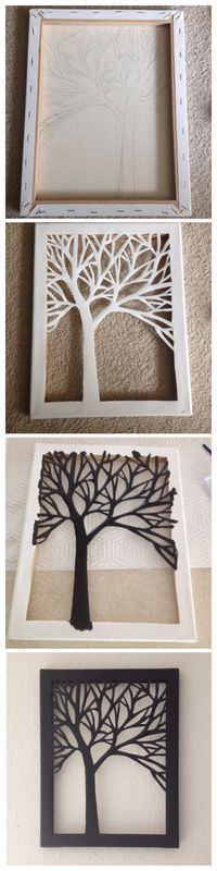 three different pictures with the same tree cut out on them, one is white and the other is black