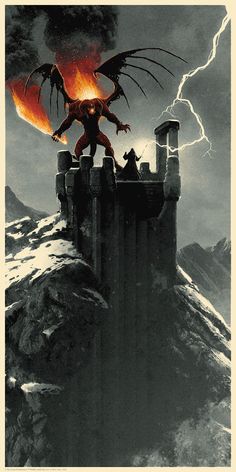 an illustration of a dragon on top of a castle with lightning in the sky behind it