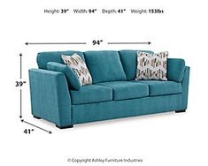 a blue couch is shown with measurements for the seat and back cushions, along with two throw pillows