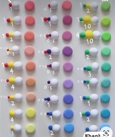 many different colored dots and numbers on a white surface