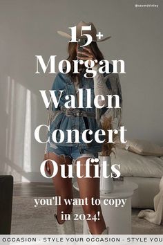 a woman standing in front of a couch with the words morgan wallen concert outfits you'll want to copy in 20